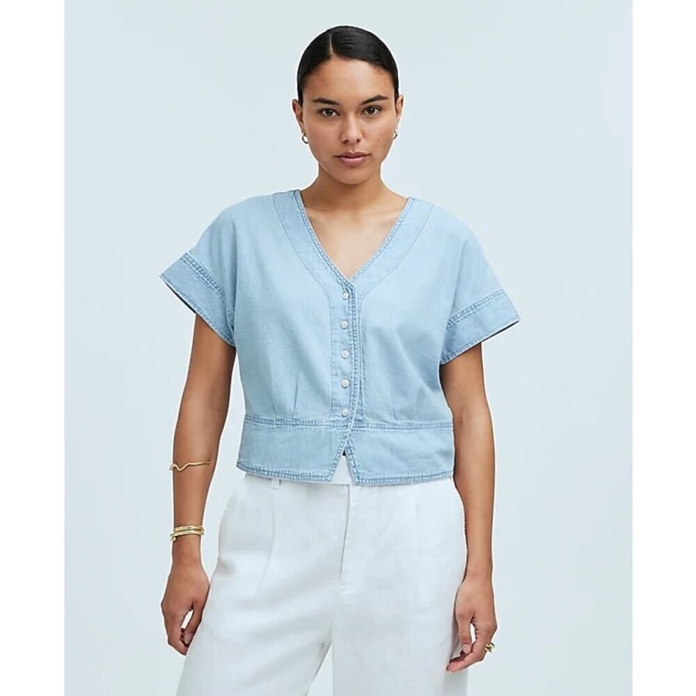 Madewell Pleated Short-Sleeve Top Women's XS Light Blue Denim Button Front NWT